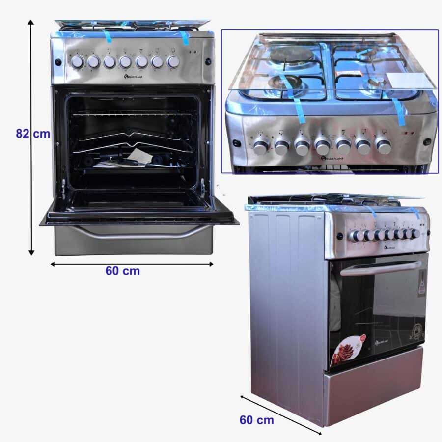Blueflame Full Gas Cooker 60 By 60 Cm S6040GRFP With Gas Oven & Grill,  Turbo Fan, Automatic Ignition, Rotisserie, Glass Cover, Oven Lamp - Inox -  TilyExpress Uganda